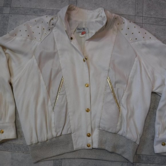 White Soft Bomber Jacket w Leather and Gold Accent - Picture 1 of 5